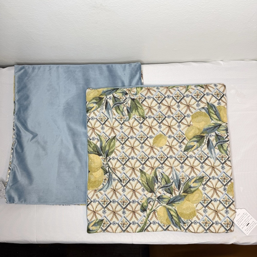 New Caldeira Set Of Two‎ Lemon Square Pillow Covers Blue Velvet Back *cover Only